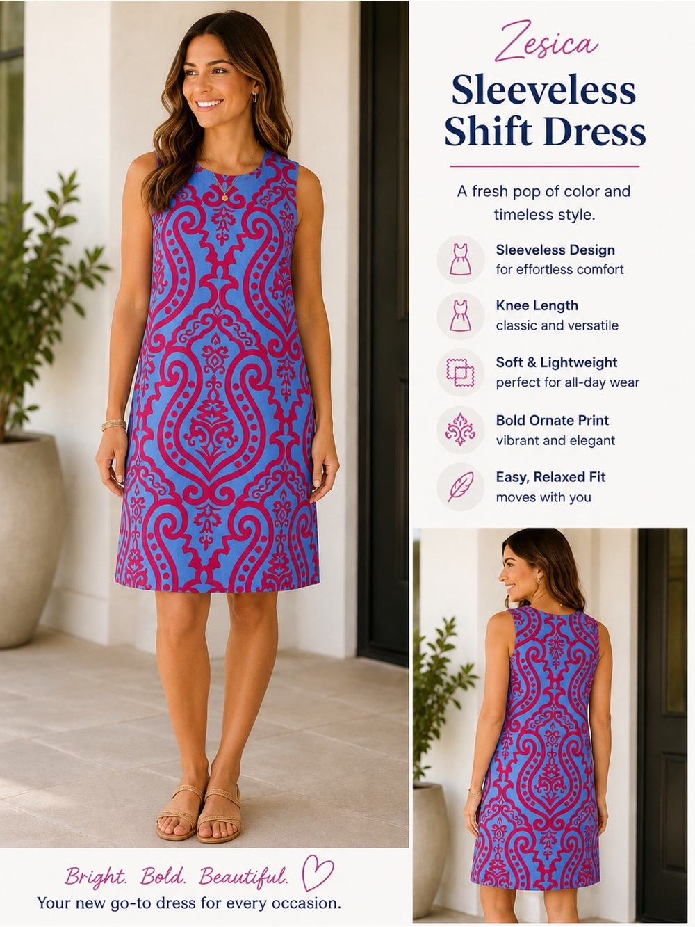 Zesica Blue & Magenta Midi Dress - Sleeveless Shift